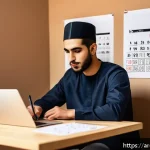 금형설계 자격증 시험 합격률 높이는 팁 - A focused Arab male student in his early 20s sitting at a modern desk with a laptop and digital draw...