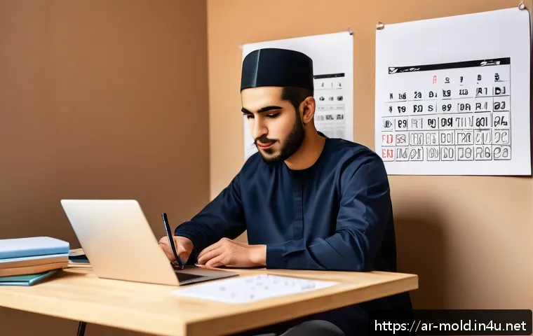 금형설계 자격증 시험 합격률 높이는 팁 - A focused Arab male student in his early 20s sitting at a modern desk with a laptop and digital draw...