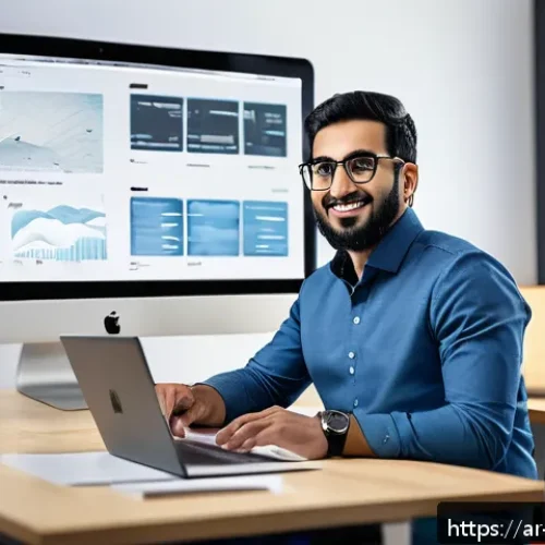 금형설계 직무별 연봉 협상 팁 - A professional Arabic digital designer in a modern office setting, surrounded by multiple screens di...