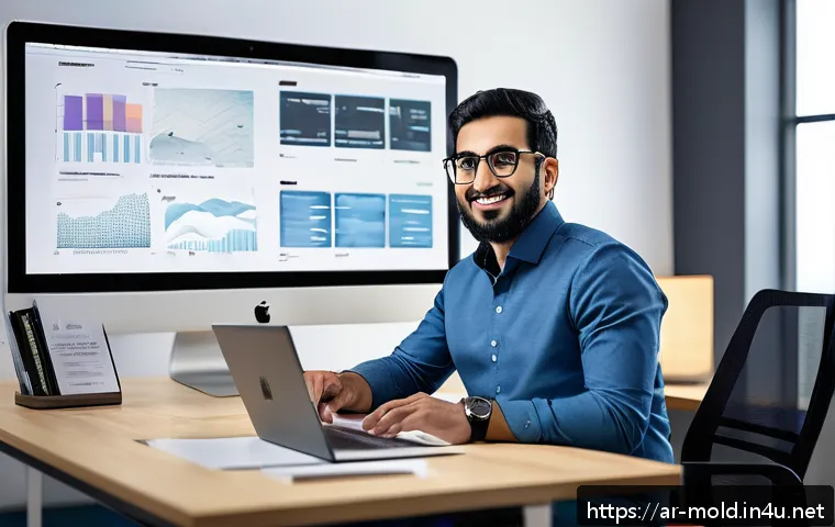 금형설계 직무별 연봉 협상 팁 - A professional Arabic digital designer in a modern office setting, surrounded by multiple screens di...