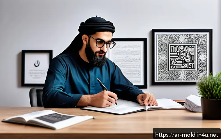 금형설계기능사 시험에서 자주 나오는 문제 - A professional Arab graphic designer in a modern home office setting, focused on creating digital te...